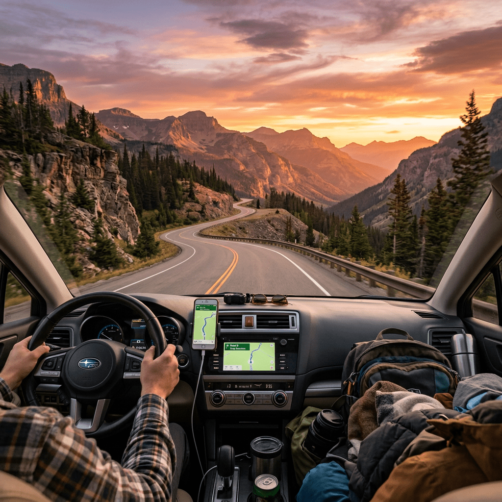 View from inside a car driving on a winding mountain road at sunset with GPS navigation on screen